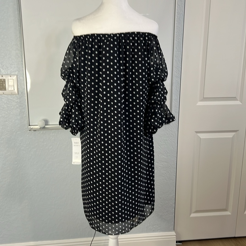 NWT MSK Black polka dot swing dress. Option for off the shoulder. Large - Picture 3 of 5
